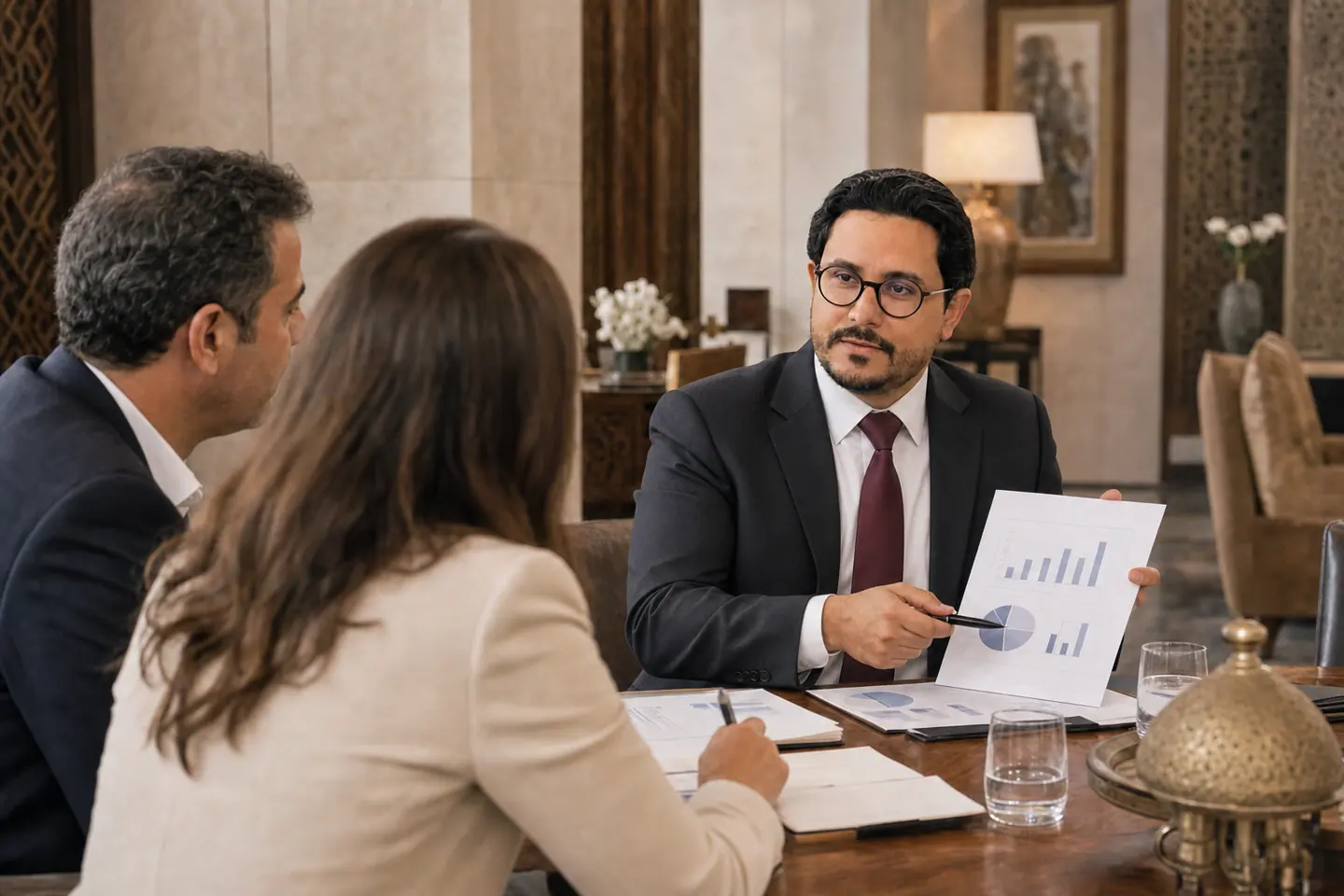 Saad Chaali présente une analyse financière à des dirigeants hôteliers